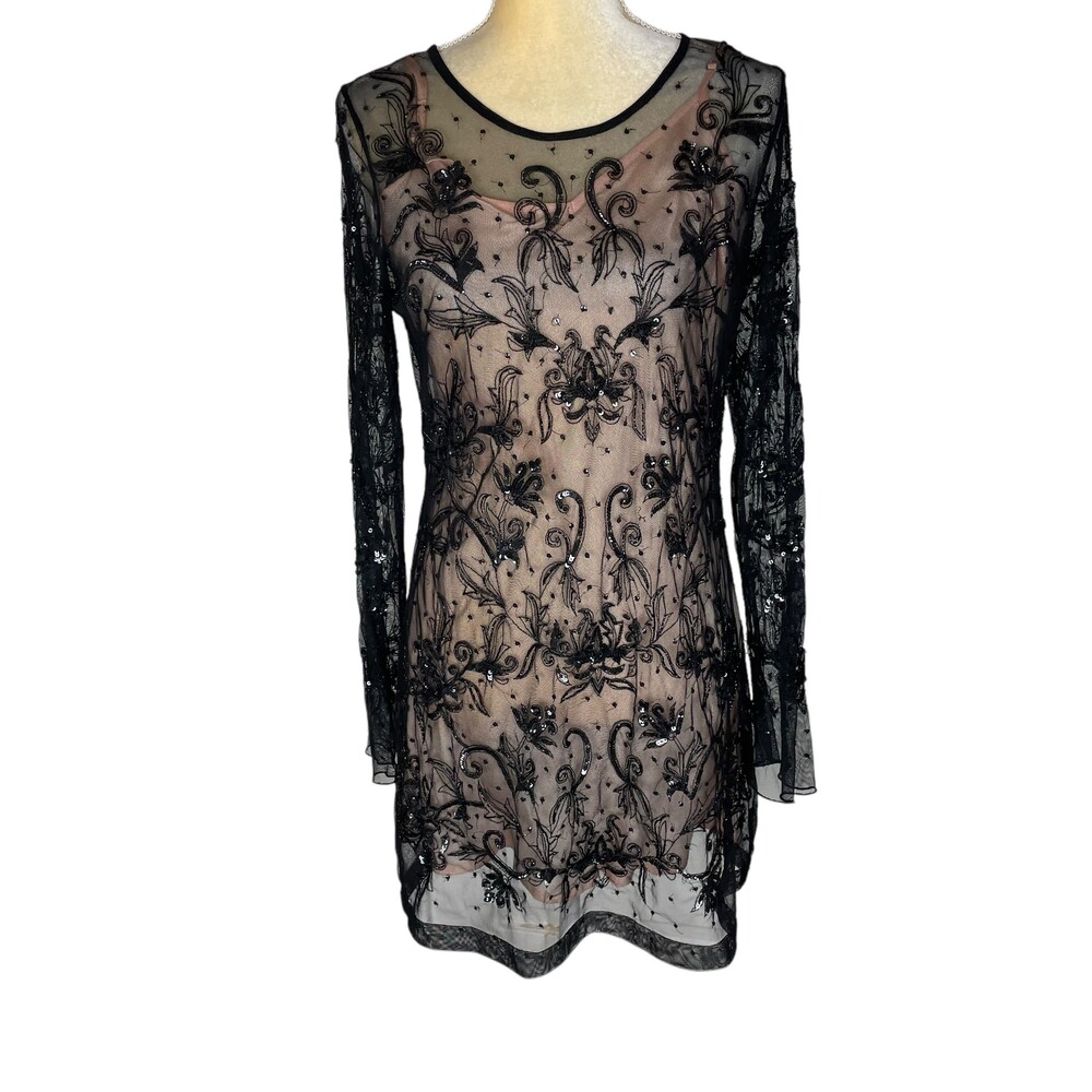 Single LA Black Floral Lace Sequins Long Sleeve Sheer Mini Dress Size‎ M Glam
